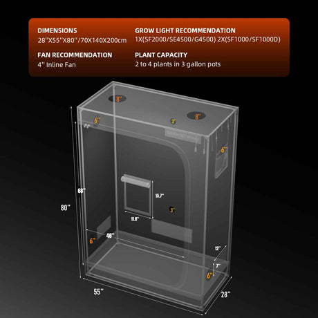 Clear grow tent with dimensions and setup recommendations on a black background