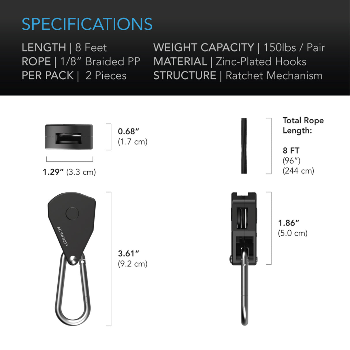 AC Infinity Heavy-Duty Adjustable Rope Clip Hanger