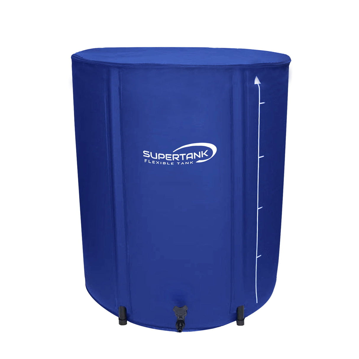 A blue collapsible flexible tank with the 'SUPERTANK FLEXIBLE TANK' logo printed in white on the front, featuring a white measurement scale on the side and a black tap at the bottom, shown on a plain white background.