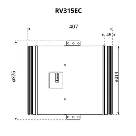 Technical dimension diagram of a Systemair Revolution Super Silent Vector EC Fan 315mm labeled RV315EC, showing top-down measurements of 407mm, 375mm, 314mm, and 45mm on a white background.