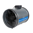 A Systemair Revolution Super Silent Vector EC Fan 315mm inline duct fan with a gray metal housing, black internal fan blades, and a blue and white REVOLUTION Super Silent label on the side.