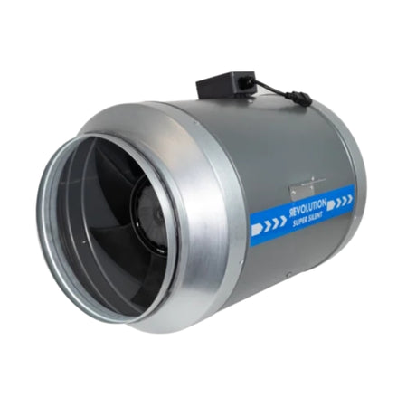 A Systemair Revolution Super Silent Vector EC Fan 315mm with a metallic silver body, a black interior fan assembly, and a blue and white 'REVOLUTION SUPER SILENT' label on the side, shown against a plain white background.