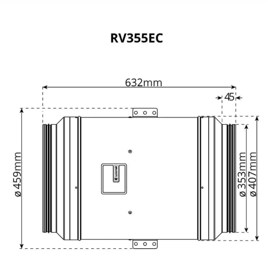 Technical dimension diagram of a RV355EC cylindrical Systemair Revolution Super Silent Vector EC Fan 355mm, showing side view with measurements 632mm, 45mm, 459mm, 353mm, and 407mm on a white background.