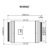 Technical dimension diagram of a RV355EC cylindrical Systemair Revolution Super Silent Vector EC Fan 355mm, showing side view with measurements 632mm, 45mm, 459mm, 353mm, and 407mm on a white background.
