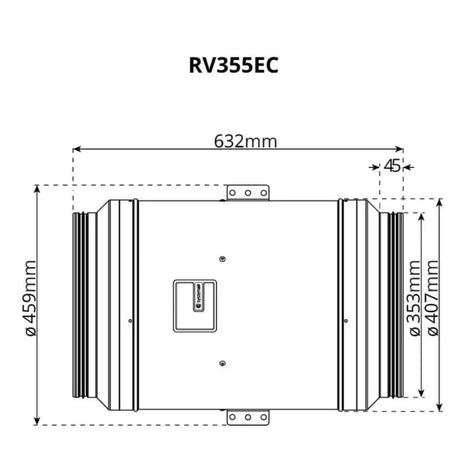 Technical dimension diagram of a RV355EC cylindrical Systemair Revolution Super Silent Vector EC Fan 355mm, showing side view with measurements 632mm, 45mm, 459mm, 353mm, and 407mm on a white background.