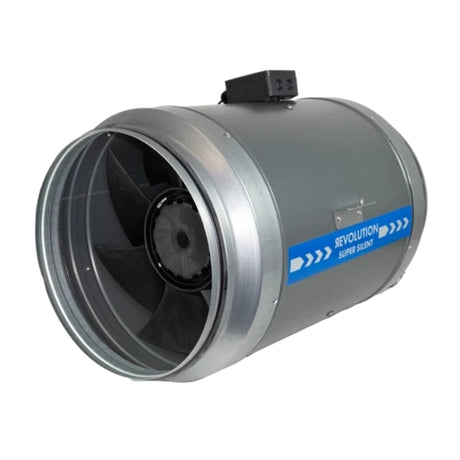 A Systemair Revolution Super Silent vector EC Fan 355mm with a silver body, black internal fan blades, and a blue and white 'REVOLUTION SUPER SILENT' label on the side, shown against a plain white background.