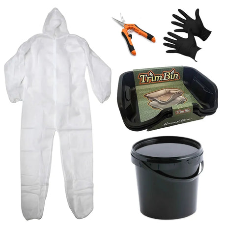Trimming Essentials Kit coveralls overalls scissors bucket latex gloves trim bin