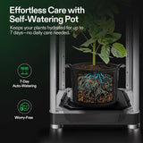 vivosun Self-watering pot with a plant and visible roots, set against a dark background with promotional text.