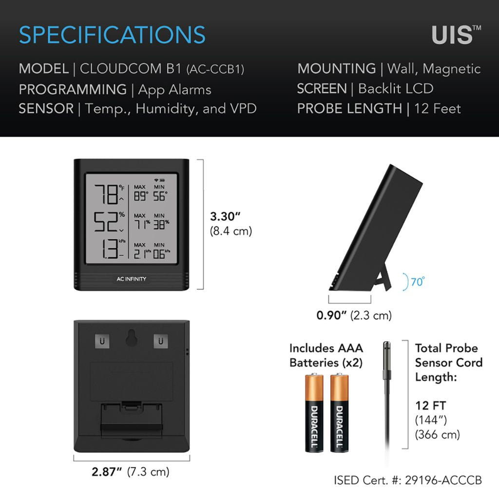 AC Infinity Cloudcom B1 Smart Thermo-Hygrometer (External Sensor) 