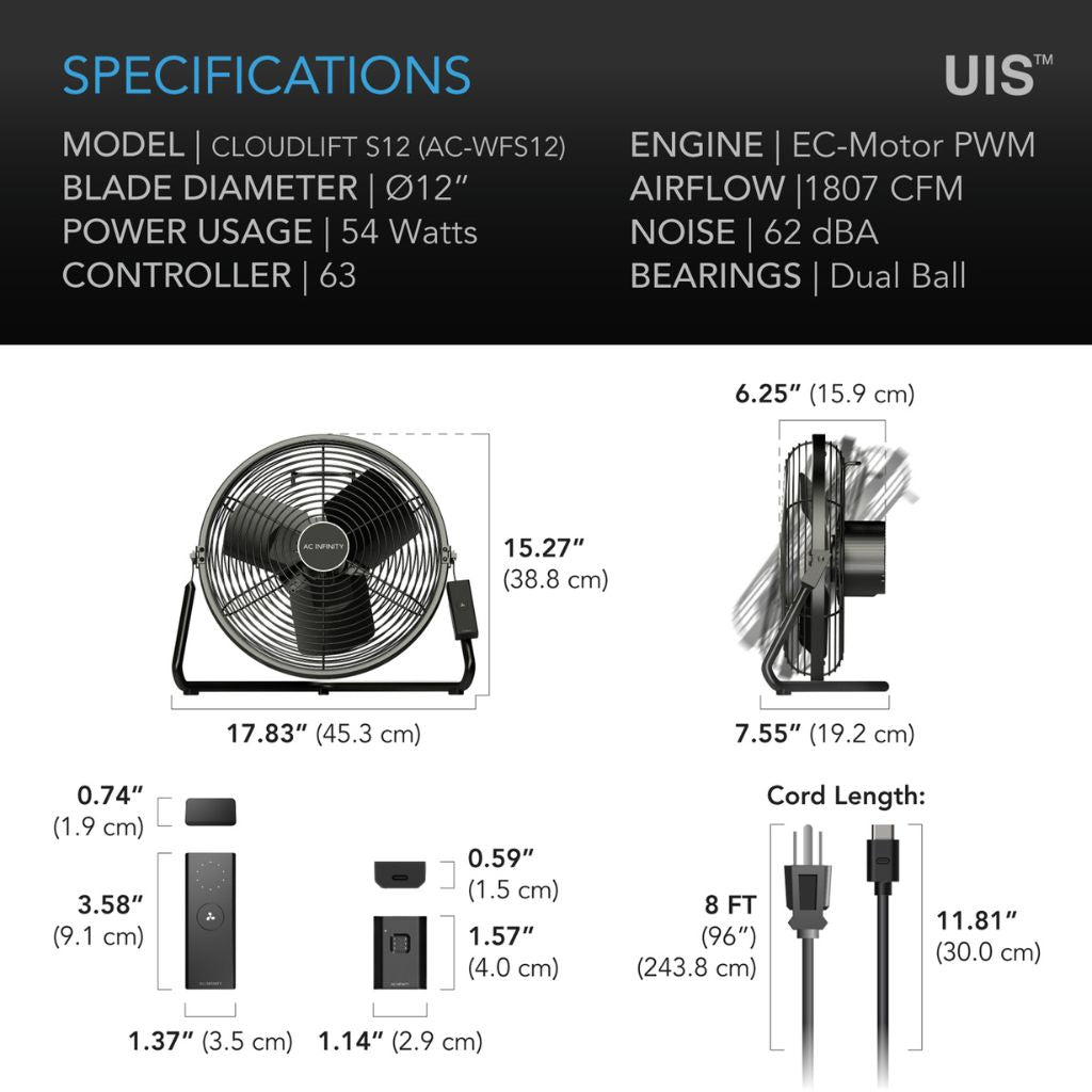 AC Infinity Cloudlift S12 12" Floor & Wall Fan