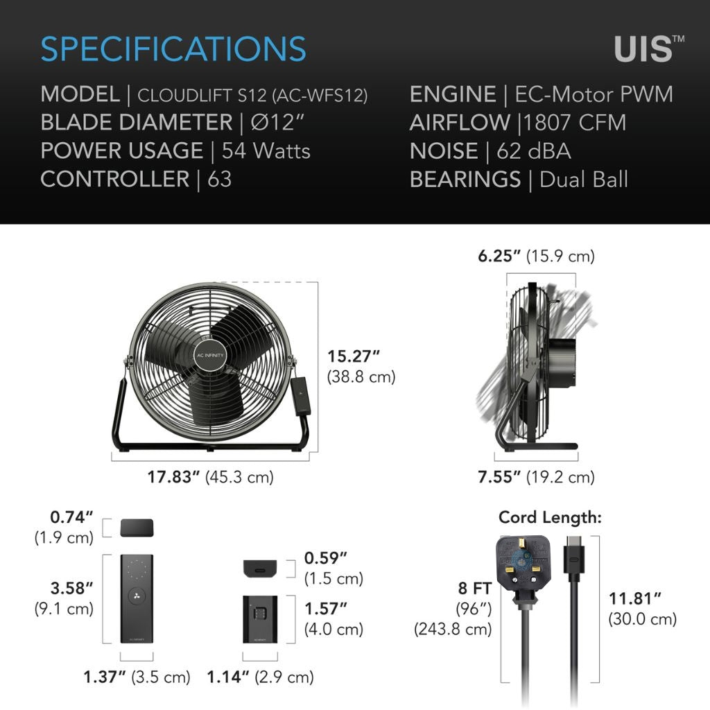 AC Infinity Cloudlift S12 12" Floor & Wall Fan