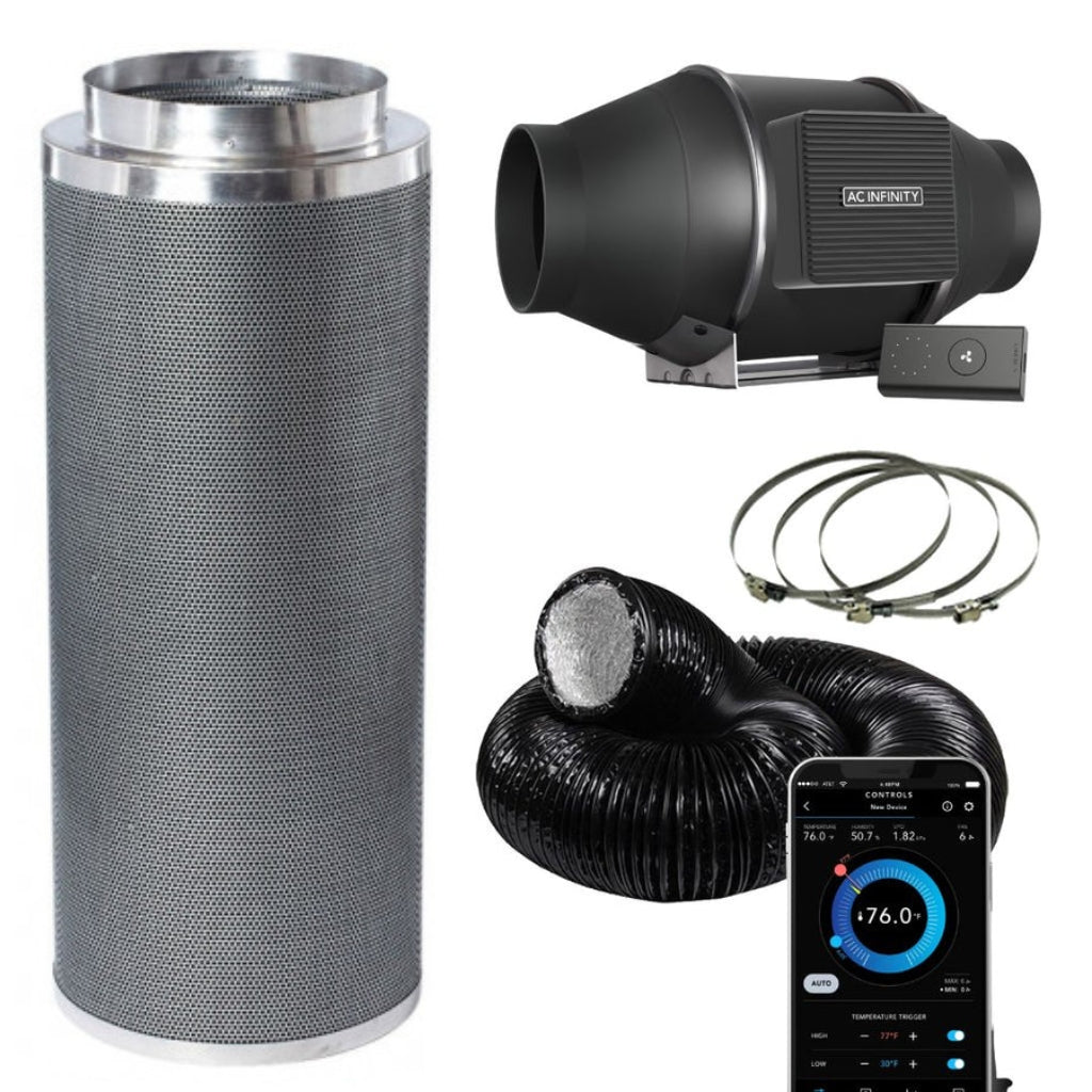 ac infinity cloudline pro with controller, phresh carbon filter, combi ducting and jubilee quick clamps bundle kit package