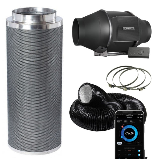 ac infinity cloudline pro with controller, phresh carbon filter, combi ducting and jubilee quick clamps bundle kit package