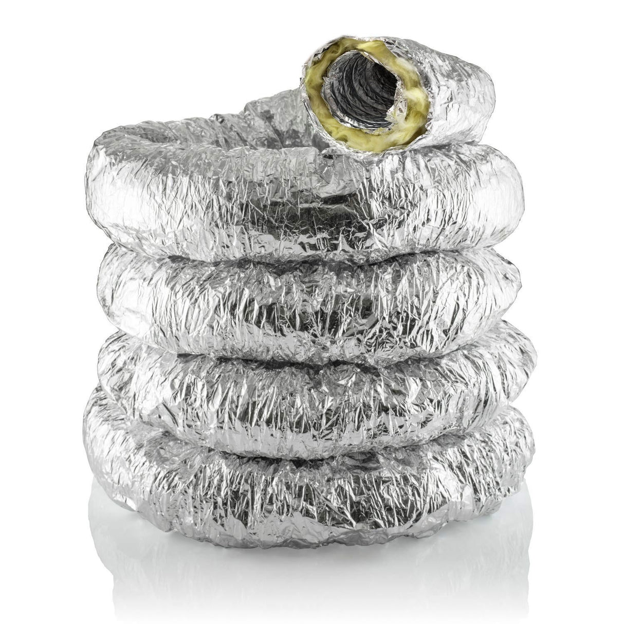 A coiled stack of reflective silver foil insulation tubes, with one top coil cut open to show the inner material, photographed on a clean white background.