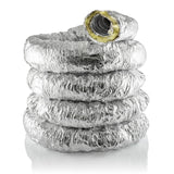 A coiled stack of reflective silver foil insulation tubes, with one top coil cut open to show the inner material, photographed on a clean white background.