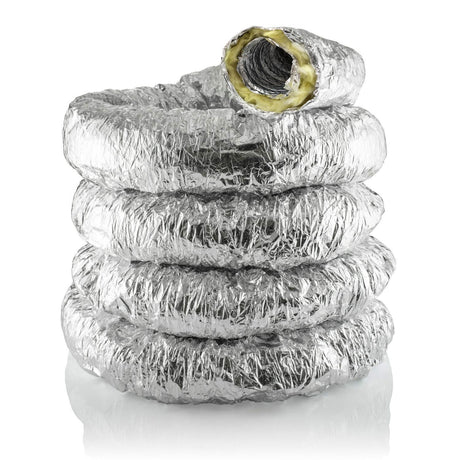 A coiled stack of reflective silver foil insulation tubes, with one top coil cut open to show the inner material, photographed on a clean white background.