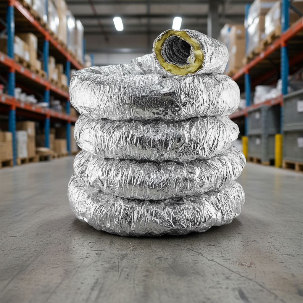 A coiled roll of reflective silver foil insulation, with the top end showing a yellow material insert, stacked on a warehouse floor with shelving in the background.