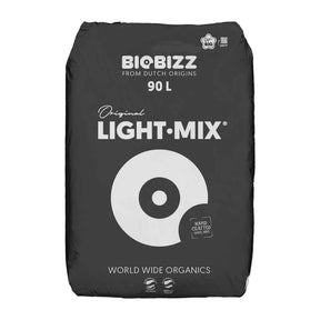 A black bag of BigBizz Original Light-Mix organic fertilizer, featuring white text and a circular target graphic on a plain white background.