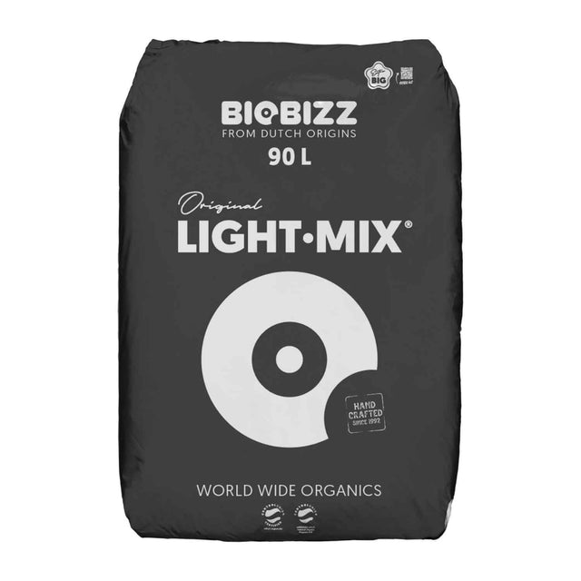 A black bag of BigBizz Original Light-Mix organic fertilizer, featuring white text and a circular target graphic on a plain white background.