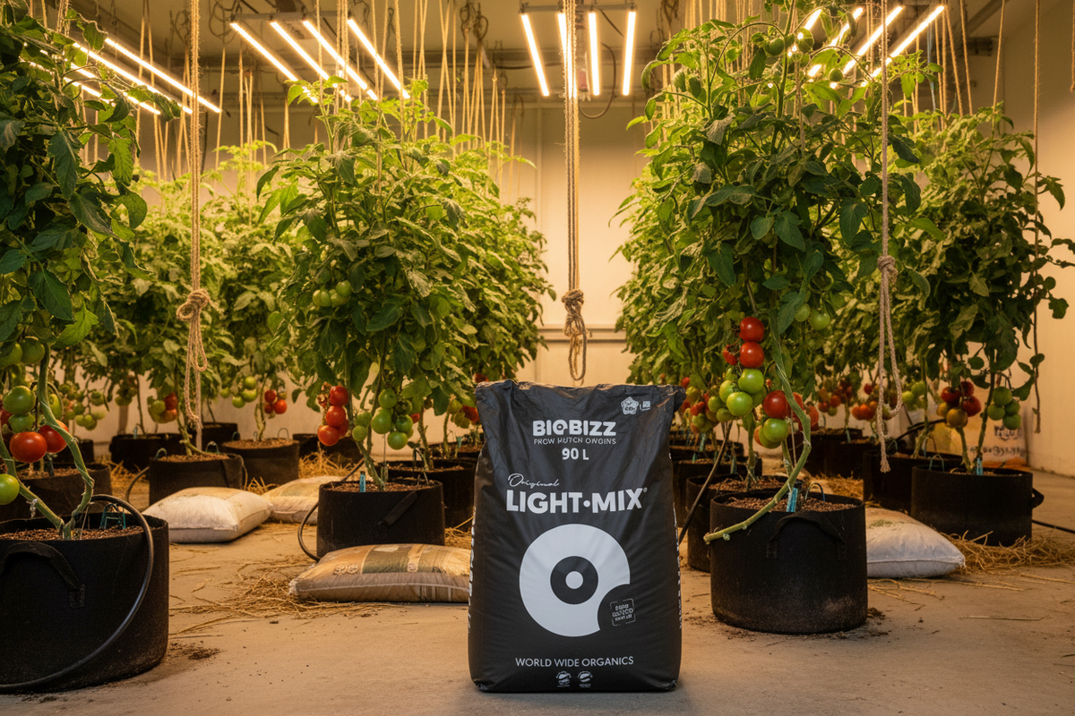 A black bag of BIOBIZZ Light-Mix grow medium is displayed in the foreground of a greenhouse setting with tomato plants growing in black pots under hanging LED lights.