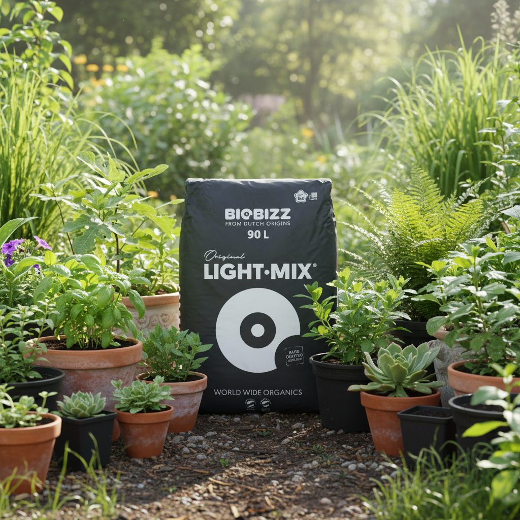 A 90 L bag of BIOBIZZ Original Light-Mix garden soil mix is displayed in a lush, sunlit garden surrounded by potted plants.