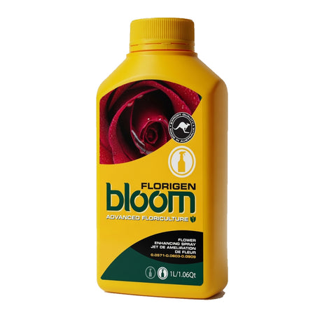 A yellow bottle of Florigen Bloom flower enhancer spray with a red rose graphic on the label, set against a plain white background.