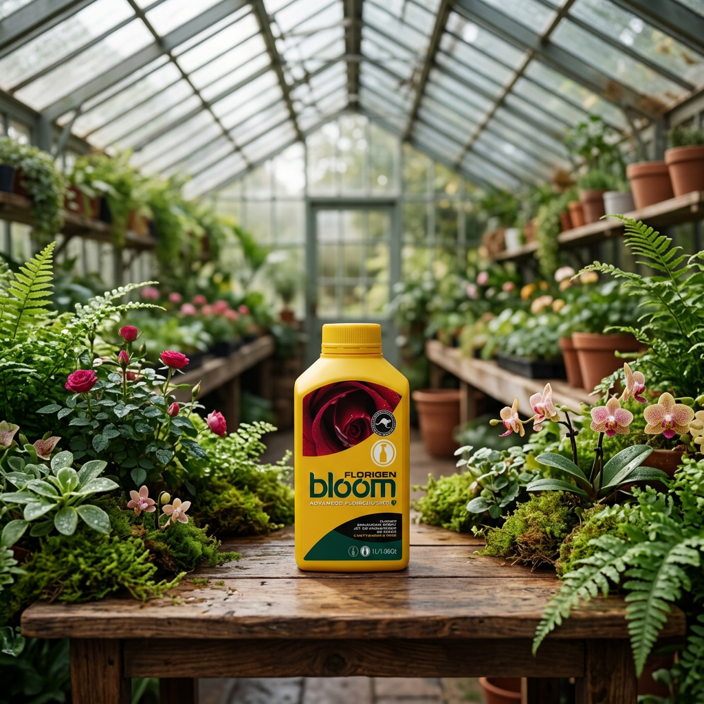 A bottle of Florigen Bloom flower supplement stands on a wooden table inside a lush greenhouse surrounded by potted plants and ferns.