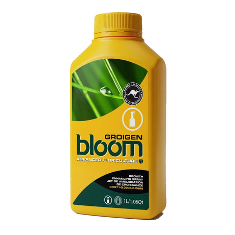 A yellow bottle of Grooigen Bloom Advanced Floriculture Growth Enhancing Spray, featuring a green and black label with a droplet graphic, on a solid white background.