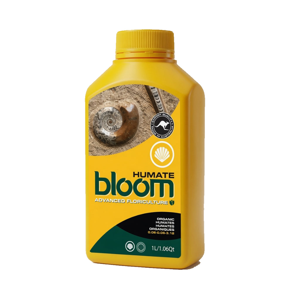 A yellow bottle of Humate Bloom Advanced Floriculture organic humus fertilizer, featuring a label with a shell graphic, on a solid white background.