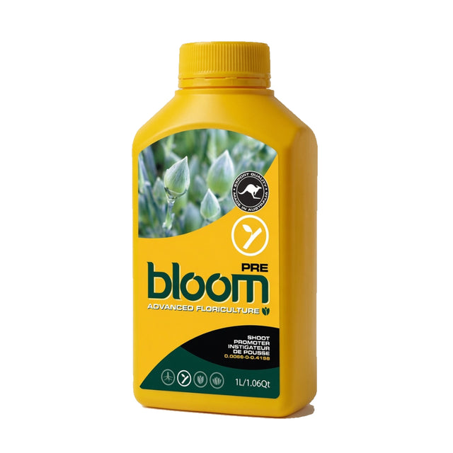A yellow bottle of bloom PRE Advanced Floriculture branch enhancer, shown on a clean white background.