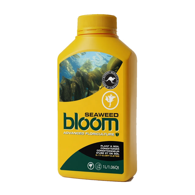 A yellow bottle of bloom Seaweed Advanced Floriculture plant and soil conditioner, featuring a label with a green and blue graphic and a kangaroo logo, on a white background.