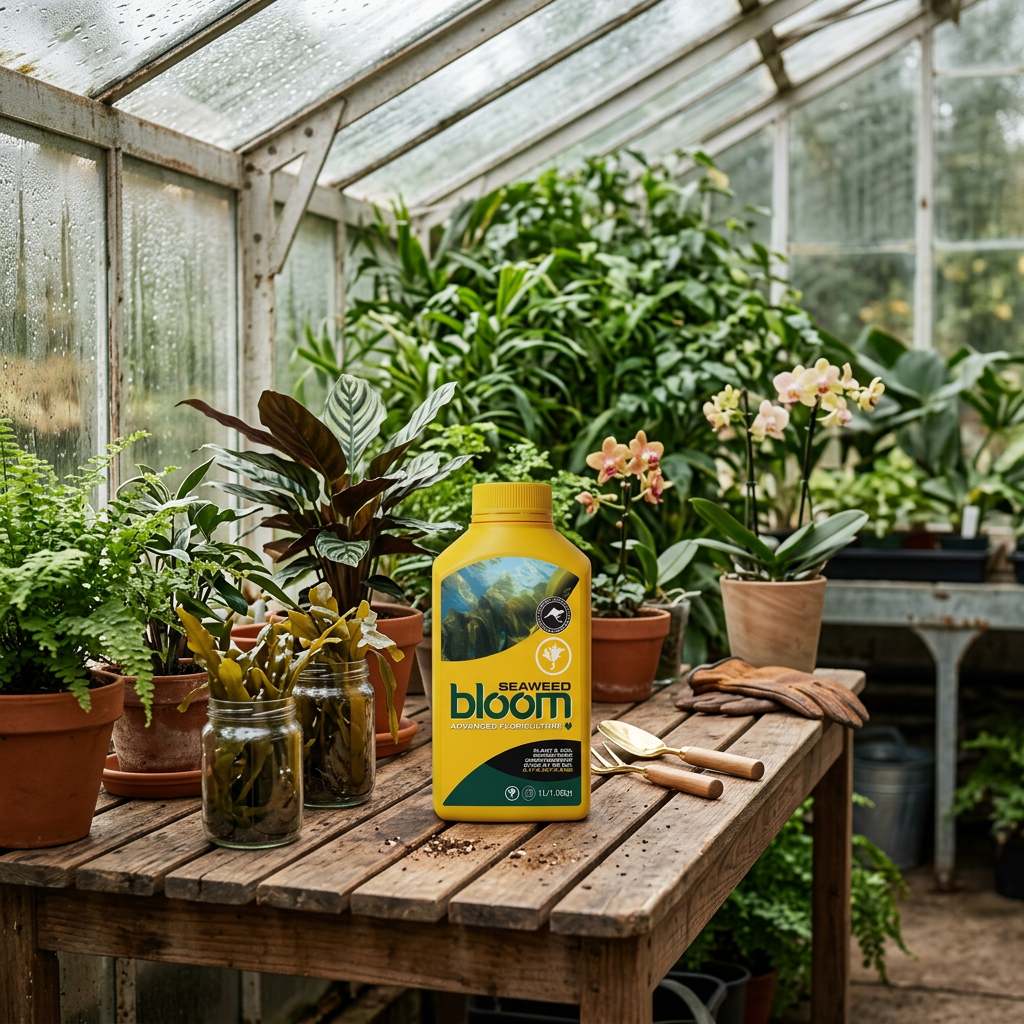 A yellow bottle of Bloom Seaweed sits on a wooden table inside a greenhouse, surrounded by potted plants, gardening tools, and glass panels.