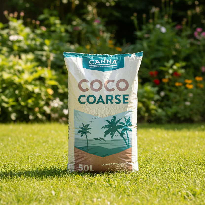 A 50L bag of Canna Coarse fertilizer stands on a green lawn with a blurred garden background.