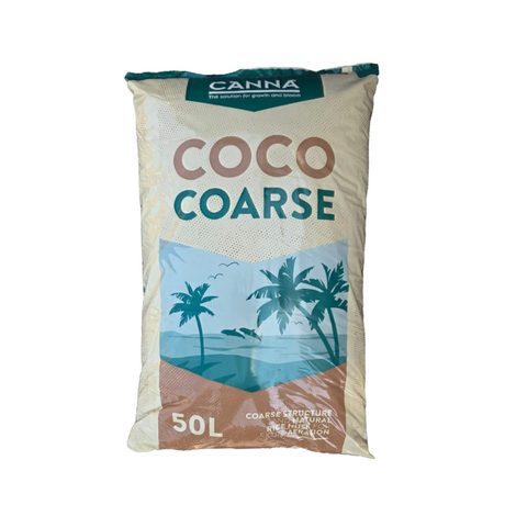 A 50L bag of Canna Coarse soil amendment, featuring a beige background with a tropical beach illustration in teal and brown, and the brand name 'CANNA' at the top.