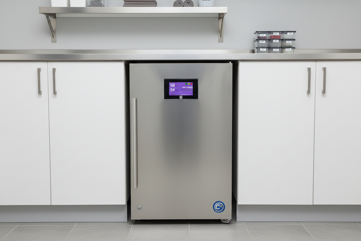 cannatrol Stainless steel refrigerator with digital display in a kitchen setting