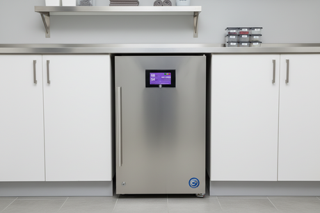 cannatrol Stainless steel refrigerator with digital display in a kitchen setting
