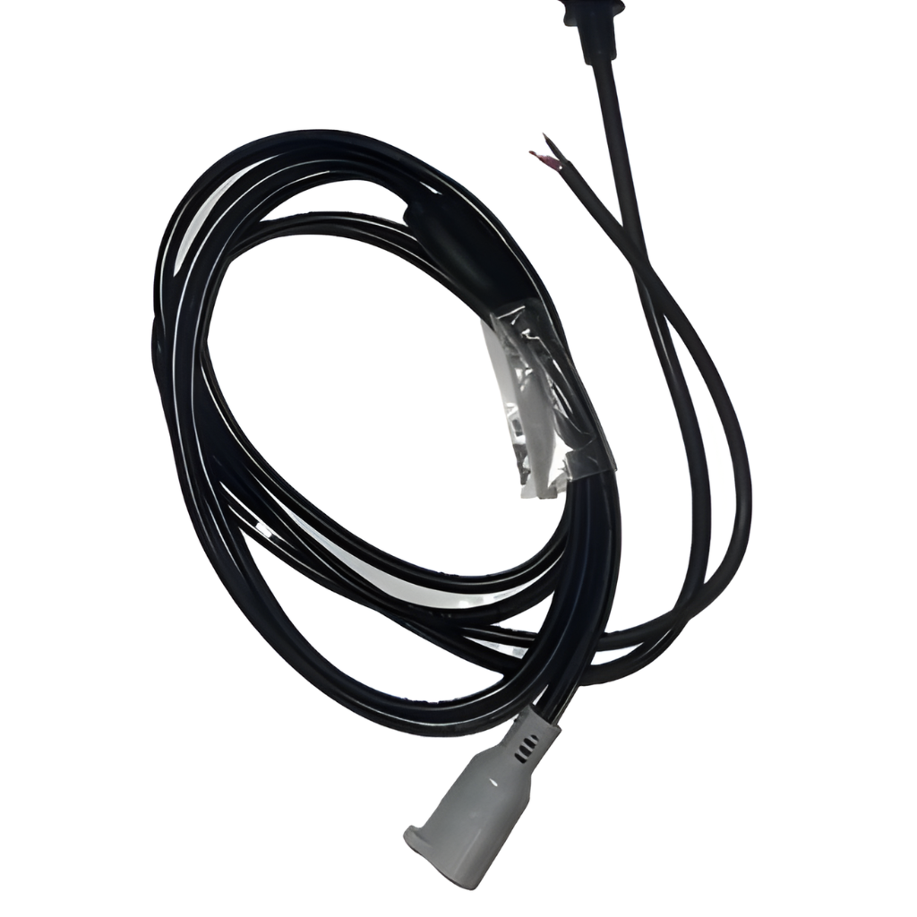Coiled black cable with a gray plug on a white background