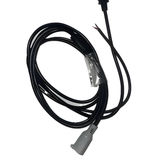 Coiled black cable with a gray plug on a white background
