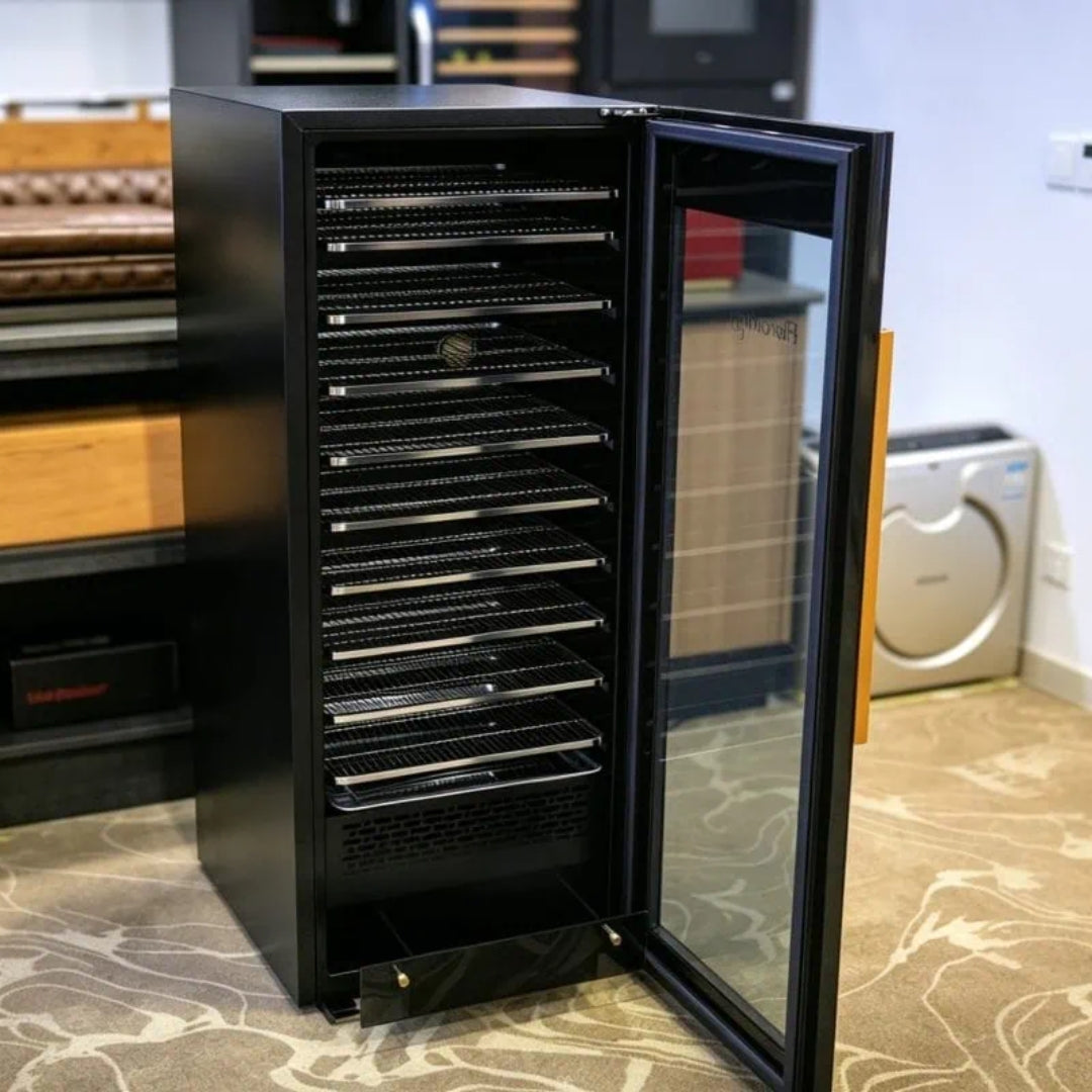 flavorwise drying and curing cabinet open in kitchen