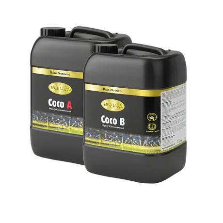 Two black containers labeled 'Coco A' and 'Coco B' with gold and white labels on a white background.