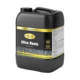 Black container labeled 'Ultra Roots' with gold label on a white background
