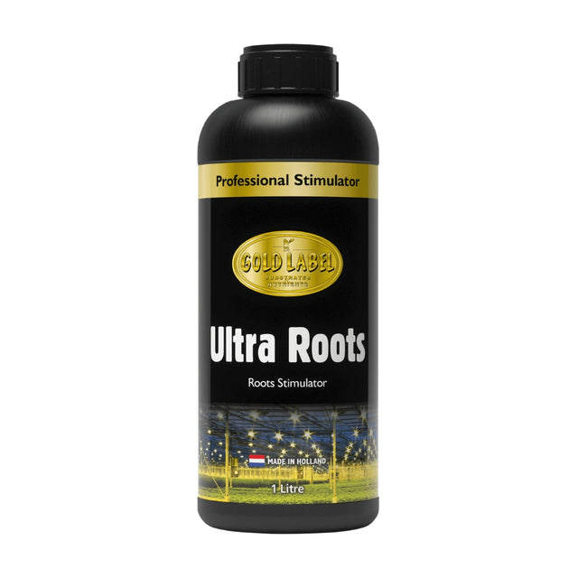 Black bottle of Ultra Roots Roots Stimulator with gold label on a white background