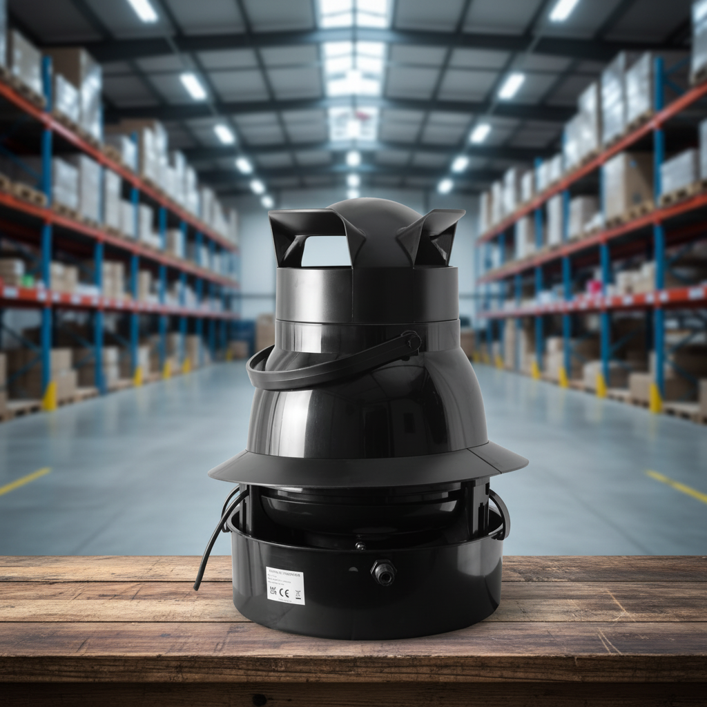 A black gorilla 50L centrifugal humidifier device with a conical top and side handles sits on a wooden table in a blurred warehouse aisle with shelving and boxes in the background.