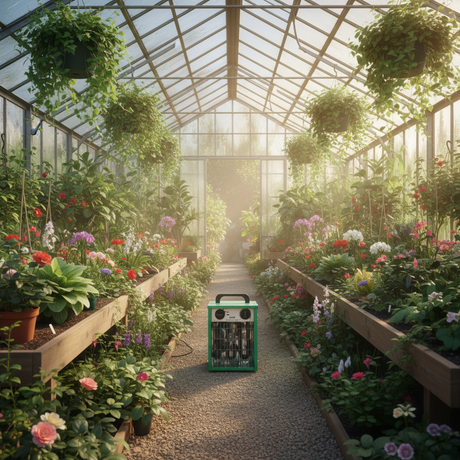 Greenhouse Heater in a lush greenhouse