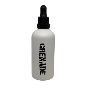 A white bottle with a black dropper cap and the word 'GRENADE' printed vertically in black on the front, isolated on a white background.