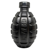 A matte black bottle shaped like a hand grenade, featuring a ribbed body and the word 'GRENADE' embossed vertically on the front, set against a plain white background.