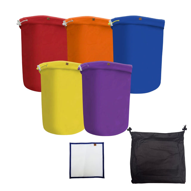 Set of colorful laundry bags and a black mesh bag on a white background