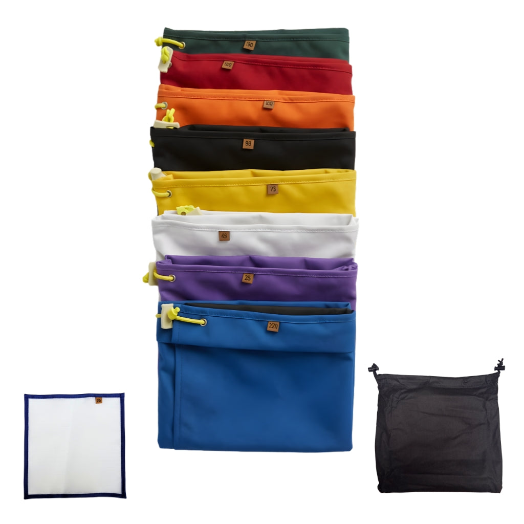 Set of colorful pouches stacked vertically on a white background