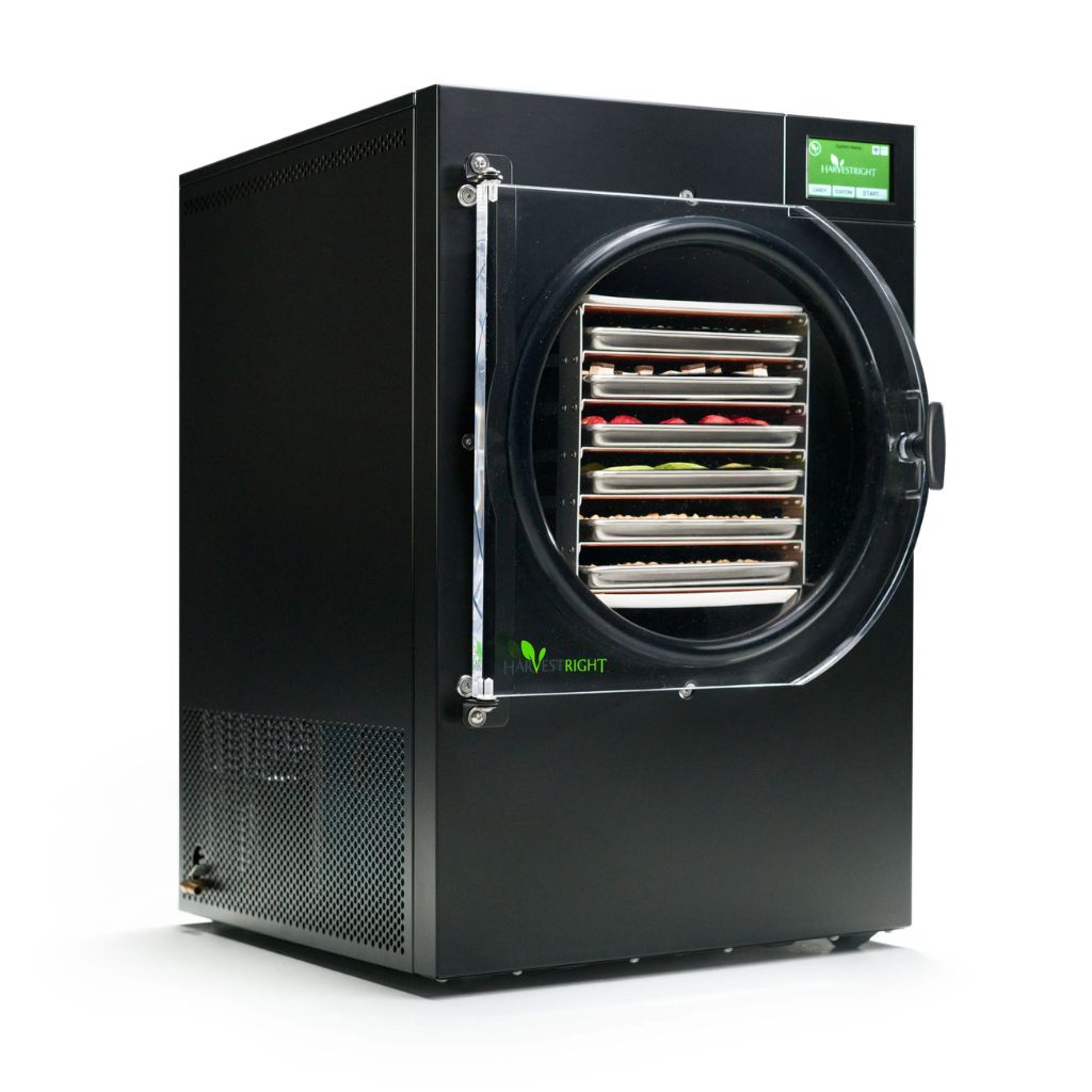 harvestright home freeze dryer black dehumidifier with a clear door showing internal components on a white background