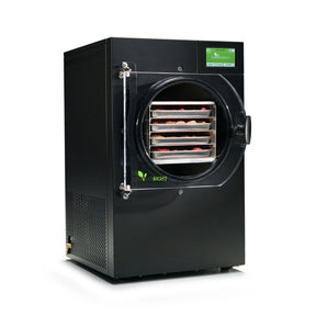 harvestright home freeze dryer black dehydrator with clear door showing interior shelves on a white background